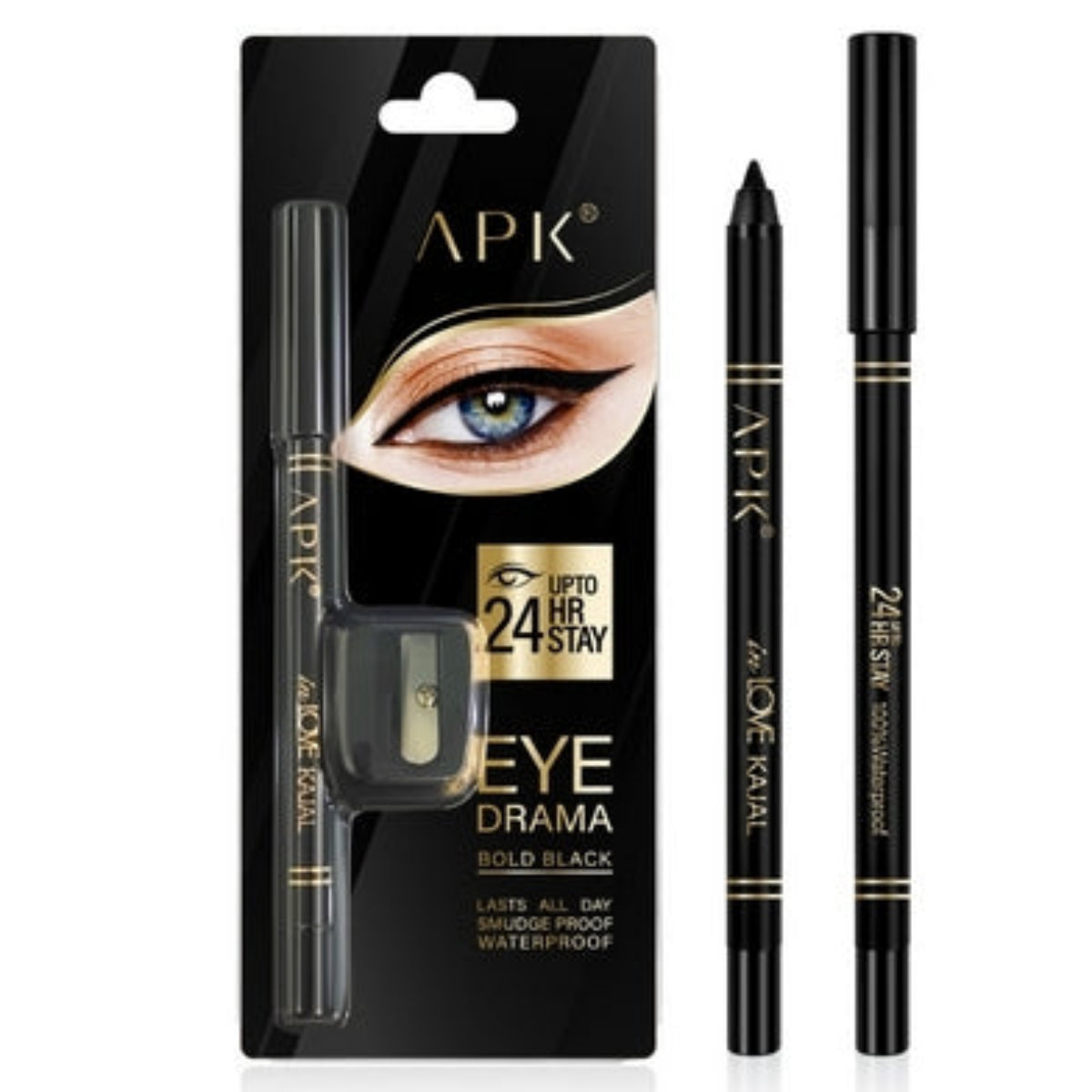 APK Bold Black Kajal Pencils with Sharpener | Upto 24 Hours Stay | Waterproof | Smudge Free