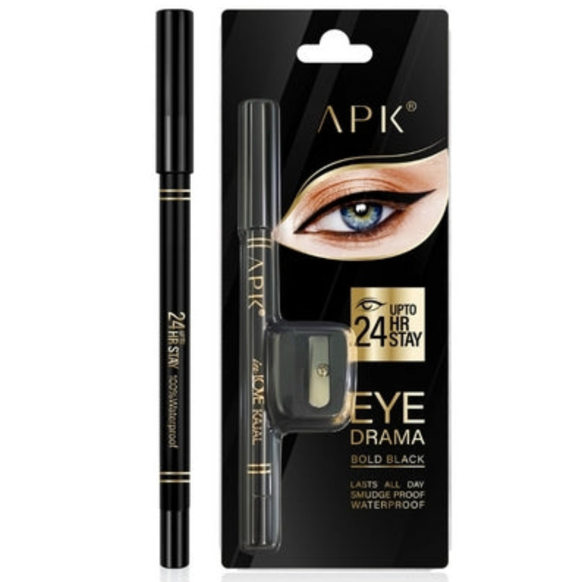 APK Bold Black Kajal Pencils with Sharpener | Upto 24 Hours Stay | Waterproof | Smudge Free