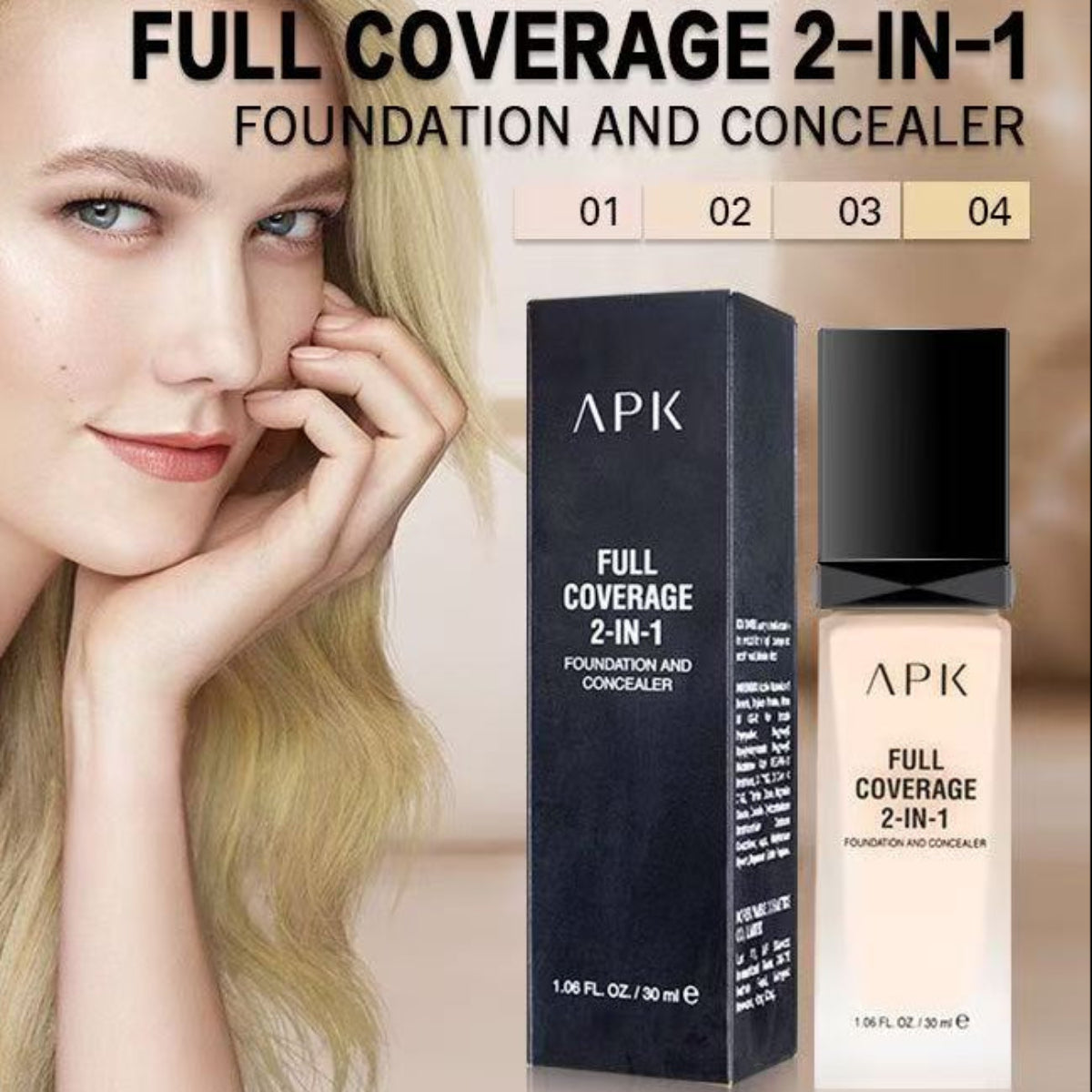 APK Full Coverage 2-in-1 Foundation and Concealer – Moisturizing, Long-Lasting